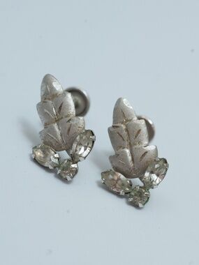Vintage Mid-Century Sterling Silver Leaf Gemstone Screw Back Earrings Signed K